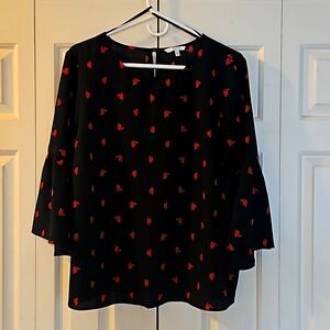Alfred Sung navy blue blouse with red leaf detailing extra large